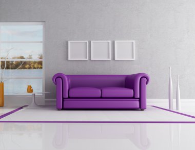 Contemporary interior with purple classic sofa - rendering. the image on background is a my photo clipart