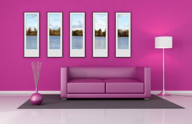 Pink living room with leather couch and picture frame-the images on wall are my photo,central park London clipart