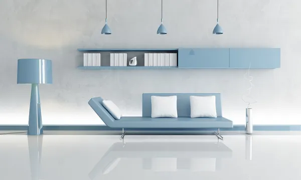 Klares Blaues Sofa Grauem Interieur Rendering — Stockfoto
