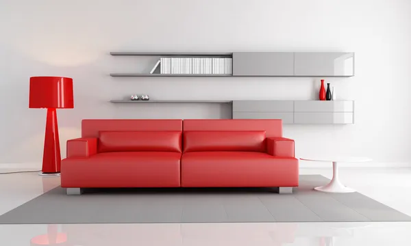 Interior Minimalista Com Lâmpada Chão Moda Sofá Couro Vermelho Renderização — Fotografia de Stock