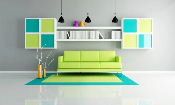 Groen en grijs woonkamer — Stockfoto