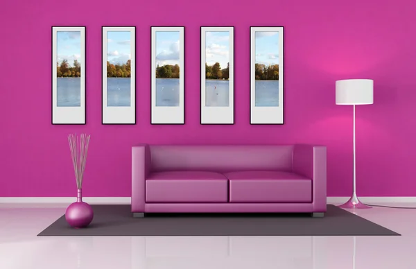 Розовая Гостиная Кожаным Диваном Рамкой Изображения Стене Мое Фото Центральный — стоковое фото
