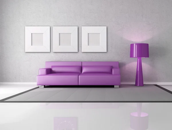 ファッション ランプとシンプルなグレーと紫のリビング ルーム — ストック写真