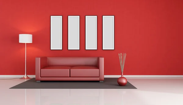 Boş Resim Çerçevesi Kırmızı Modern Oturma Odası Render — Stok fotoğraf