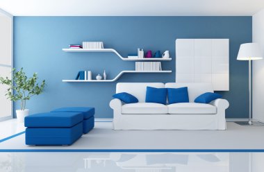 White couch in a blue modern living room - rendering clipart