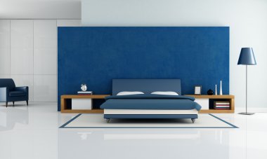 Contemporary blue bedroom with white wardrobe and armchair - rendering clipart