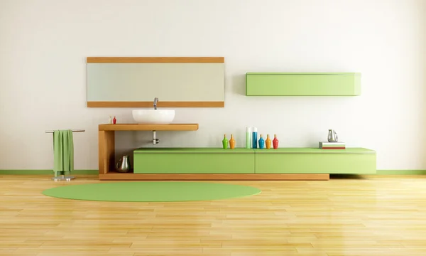 绿色和木制浴室中的当代浴池 — 图库照片