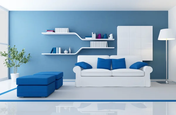 White Couch Blue Modern Living Room Rendering — Stock Photo, Image