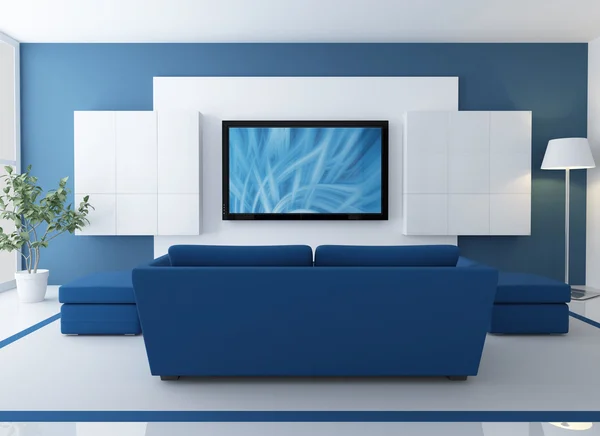 Salão azul com tv lcd — Fotografia de Stock