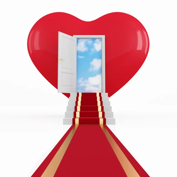 Kırmızı Halı Üzerinde Bir Kalp Içinde Açılan Bir Kapı Önünde — Stok fotoğraf