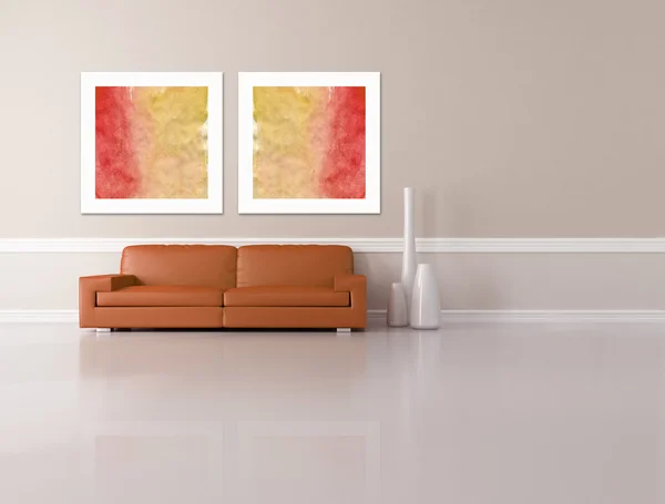 暗橙色沙发两个图片和时尚花瓶简约的休闲室 艺术图片墙上是我的作文 — 图库照片