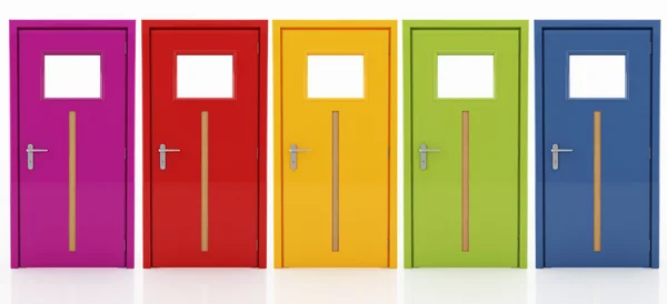 Fünf Türen Verschiedenen Farben Mit Holzeinsatz Isoliert Auf Weiß — Stockfoto