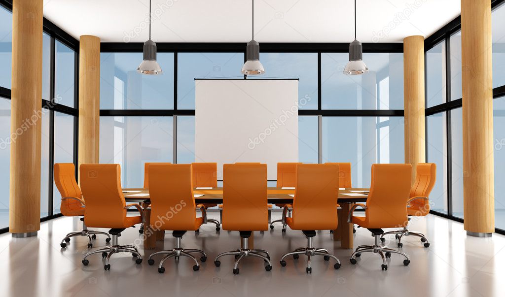 Wooden and orange modern meeting room - rendering