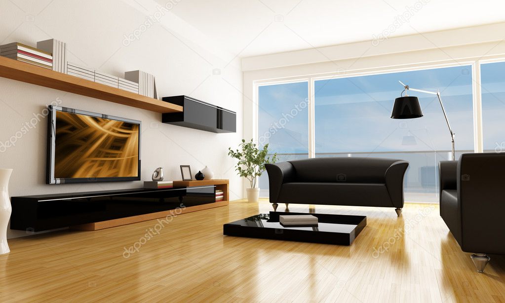 Black and white living room with lcd tv -rendering-the art picture on screen is a my composition