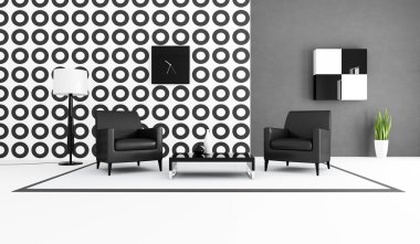 Contemporary black and white living room with two leather armchair in front a geometical wallpaper clipart