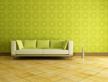 White and green couch in front a geometrical wallpaer clipart