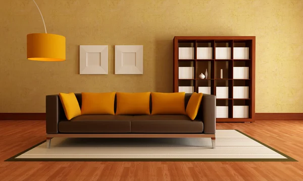茶色のモダンなソファ リビング ルーム 木製の本棚 レンダリング — ストック写真