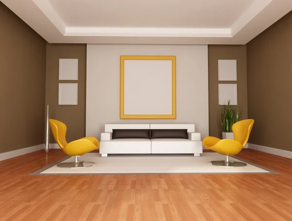 Vardagsrum Med Moderna Soffa Och Två Orange Fåtölj Rendering — Stockfoto