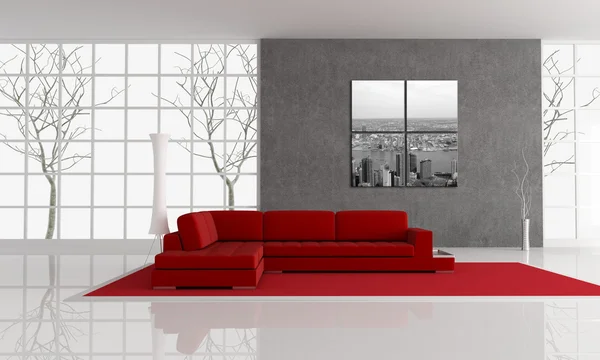 在灰色的红色角沙发背景上石膏墙和秋天一棵树 — 图库照片