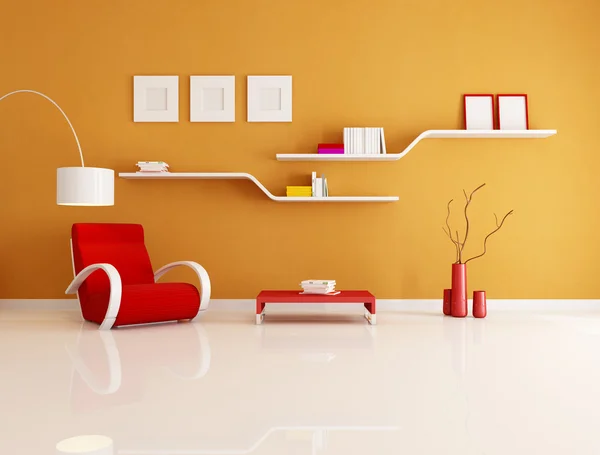 Contemporary Orange Red Reading Room Rendering — Stock Photo, Image