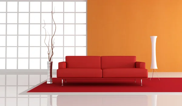 Czerwona Skórzana Kanapa Fron Pomarańczowy Tynk Ściany Renderowania — Zdjęcie stockowe