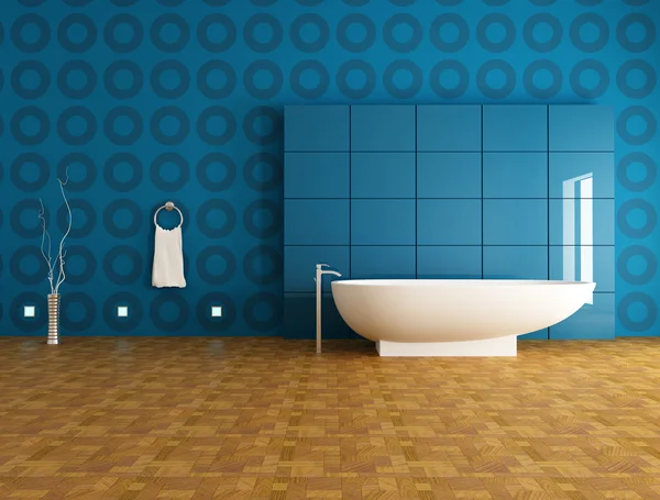 Сучасна Ванна Кімната Модною Ванною Перед Синьою Панеллю Візуалізація — стокове фото