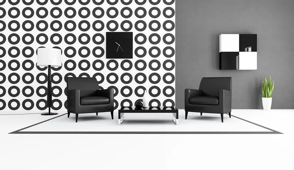 Współczesne Życie Czarno Biały Pokój Dwie Skórzane Fotele Przodu Tapeta — Zdjęcie stockowe