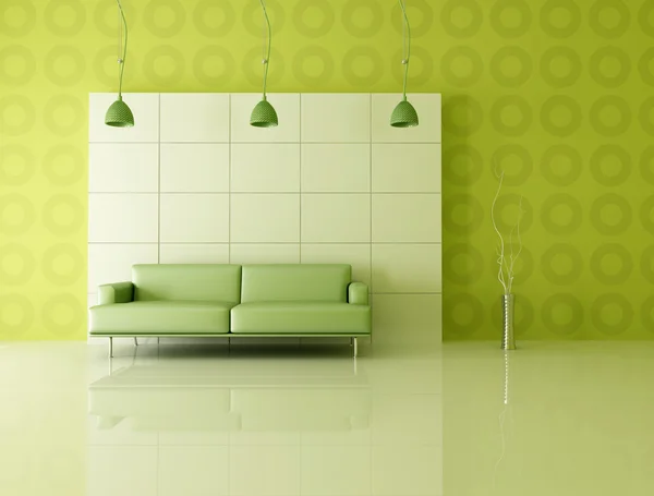 Sofá Moderno Verde Frente Panel Blanco Renderizado —  Fotos de Stock