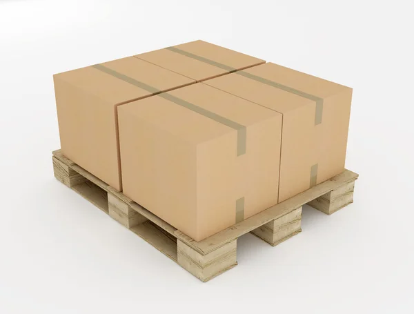 Caixas de papelão em paletes de madeira — Fotografia de Stock