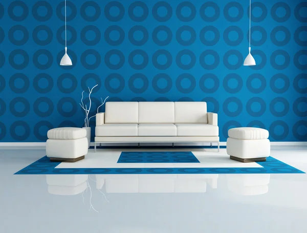 白色沙发和两个坐垫凳在前面一个几何壁纸渲染 — 图库照片