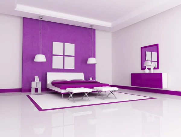 Dormitorio Minimalista Morado Blanco Representación —  Fotos de Stock