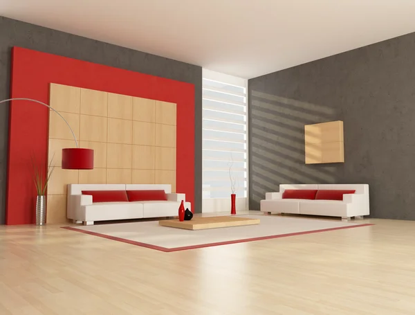 Dos Sofás Blanco Rojo Sala Estar Minimalista Representación — Foto de Stock