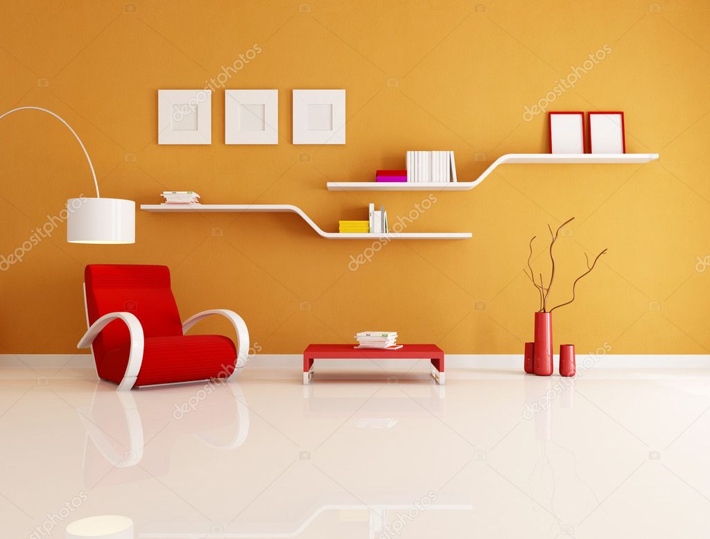 Contemporary orange and red reading room - rendering