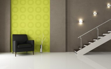 Modern interior with black leather armchair and staircase - rendering clipart