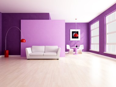 Minimalist purple living room with dining space clipart