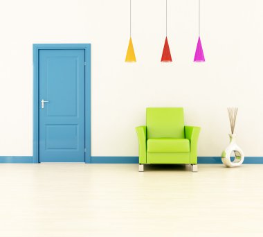 Bright home entrance with blue door and green leather armchair -rendering clipart