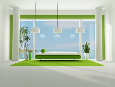 Green and white interior of a beach house,the image on background is my rendering composition available in my portfolio clipart