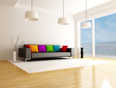 Black sofa with colored cushion in a minimalist lounge -the sky on back ground is a my photo clipart