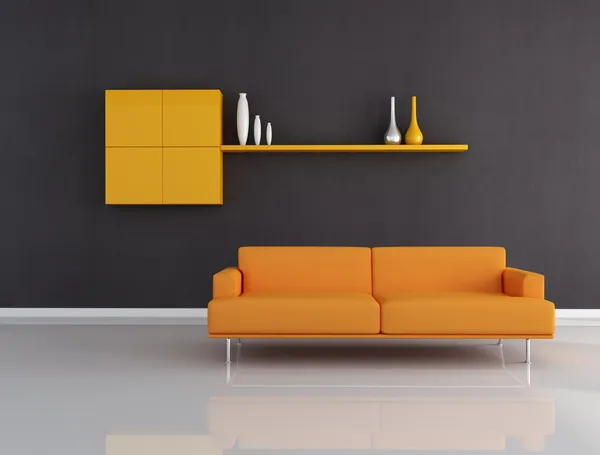 Orange Couch Minimalist Black Interior Rendering — Stock Photo, Image