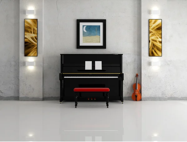 Piano Negro Violín Contra Antigua Representación Mural —  Fotos de Stock