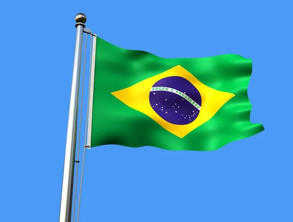 Flaga Brazylii Niebieskim Tle Tekstura Tkanina Widoczne Renderowania — Zdjęcie stockowe