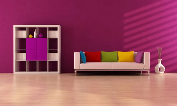 色のソファと本ケース 紫のモダンなインテリアのレンダリング — ストック写真