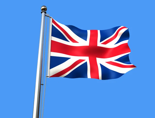 青色の背景に表示されるファブリックの質感 にイギリスの旗のレンダリング — ストック写真