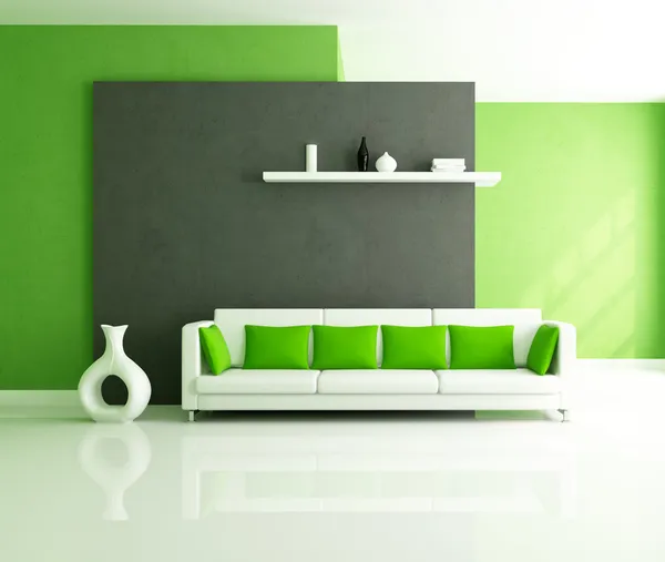 极简主义绿色和黑内部与现代沙发 — 图库照片