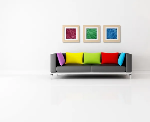Minimalistisk Vardagsrum Med Färgade Soffan Och Abstrakt Bild Bilderna Väggen — Stockfoto