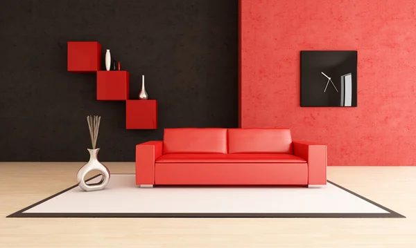 Salón Rojo Negro Con Sofá Cuero Alfombra Renderizado —  Fotos de Stock