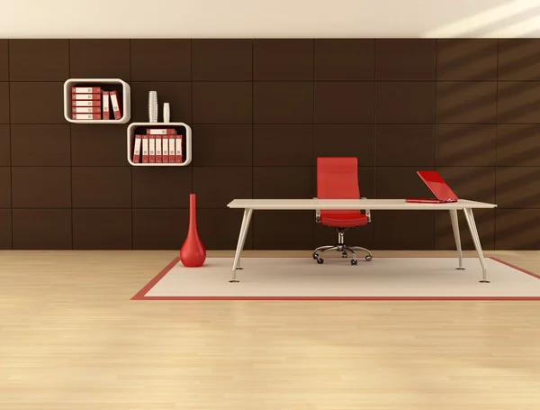 Minimaler Büroraum Mit Modernem Schreibtisch Vor Dunkler Holzvertäfelung — Stockfoto