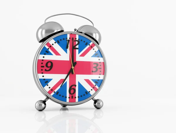 Relógio Alarme Vintage Com Bandeira Britânica Isolada Branco Renderização — Fotografia de Stock