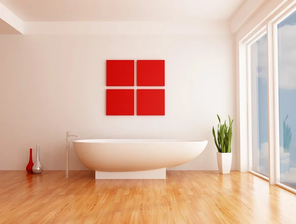Banheiro Branco Minimalista Com Banheira Moda Renderização Céu Chão Traseiro — Fotografia de Stock