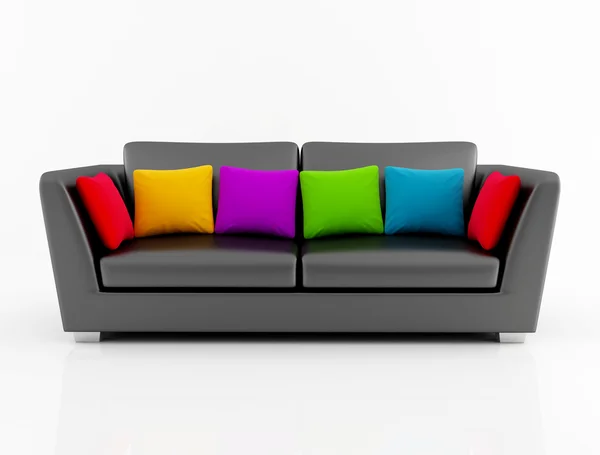 Zwarte Lederen Bank Met Gekleurde Cushion Rendering — Stockfoto